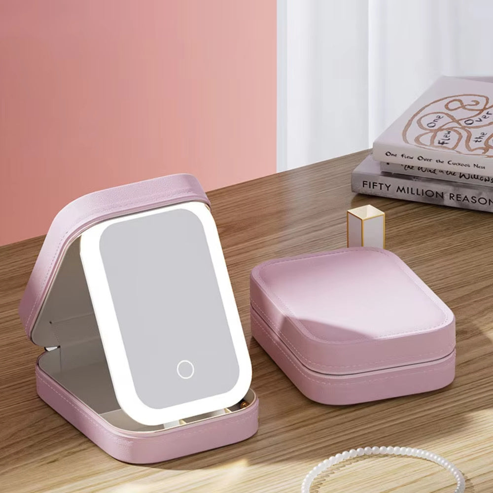 LED Makeup Bag With Mirror For Women Portable Cosmetic Storage Bag Small Lipstick Brush Wireless Makeup Box With Light - Marianas Artistry