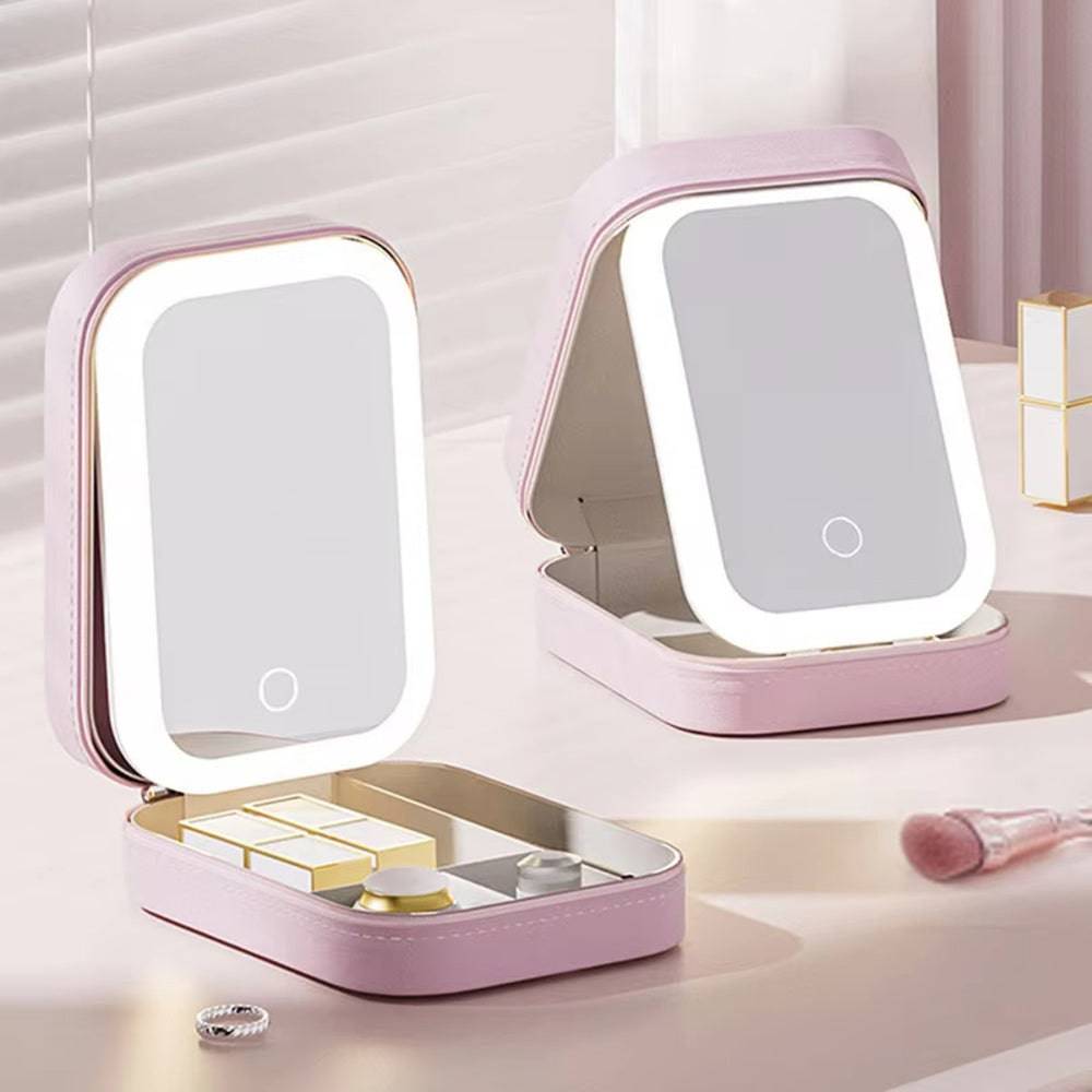 LED Makeup Bag With Mirror For Women Portable Cosmetic Storage Bag Small Lipstick Brush Wireless Makeup Box With Light - Marianas Artistry